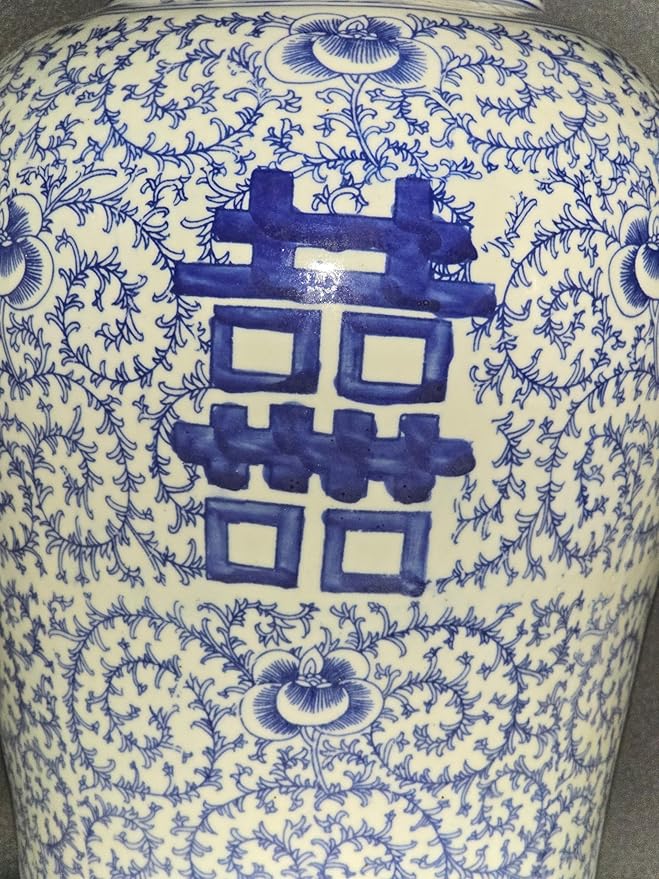 19" Antique Like Finish Blue and White Ginger Jars Porcelain Temple Ceramic Ginger Jar Vase, Double Happiness China Ming Style, Jingdezhen(L16)