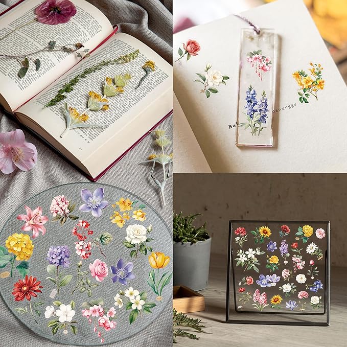 300 PCS PVC Flower Stickers, Self-Adhesive PVC Nature Floral Stickers for Scrapbook, Laptop, Journal, DIY Project, Spring Themed Party Decors