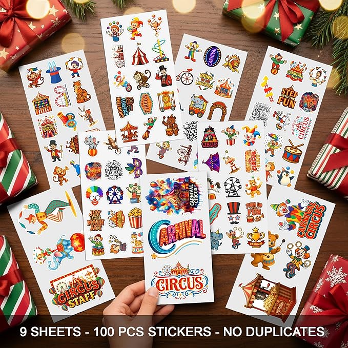 100 PCS Carnival Circus Stickers Pack, Vinyl Waterproof Decals of Clowns Popcorn Ferris Wheel Elephants, Fun Gift for Students Teens Adults Birthday Laptop Bottle Scrapbook Birthday Christmas