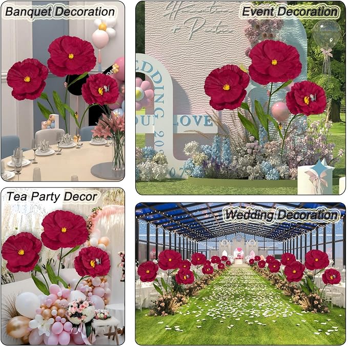 5.8 Ft Giant Artificial Flowers,Large Paper Flower,Huge Poppy Flowers Decoration for Wedding,Hotel,Office,Window Display and Home Farmhouse Decor(Wine)