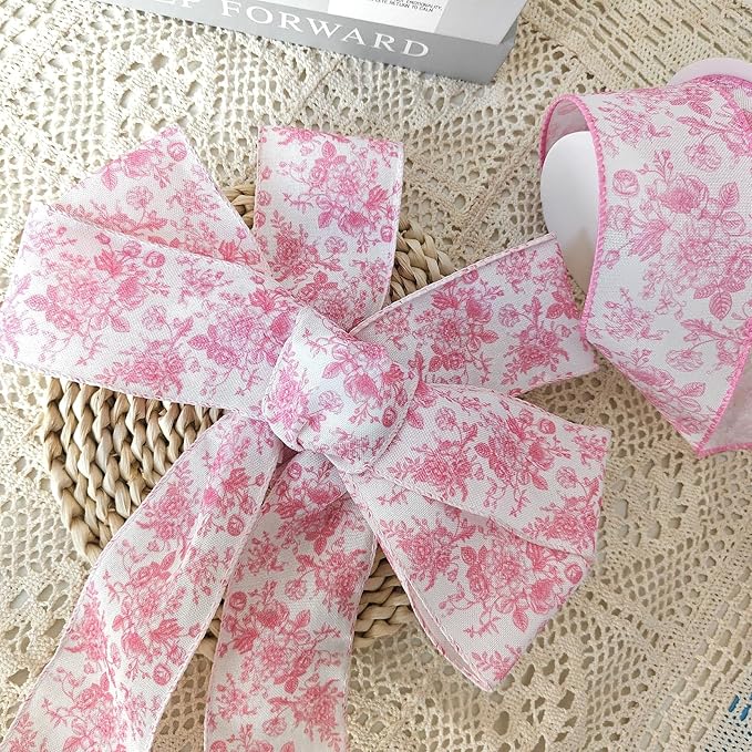 Pink Floral Wired Ribbon 2.5 Inch Chinoiserie Vintage Flower Decorative Fabric White and Pink Ribbon for Bow Wreath DIY Crafts, 15 Yards