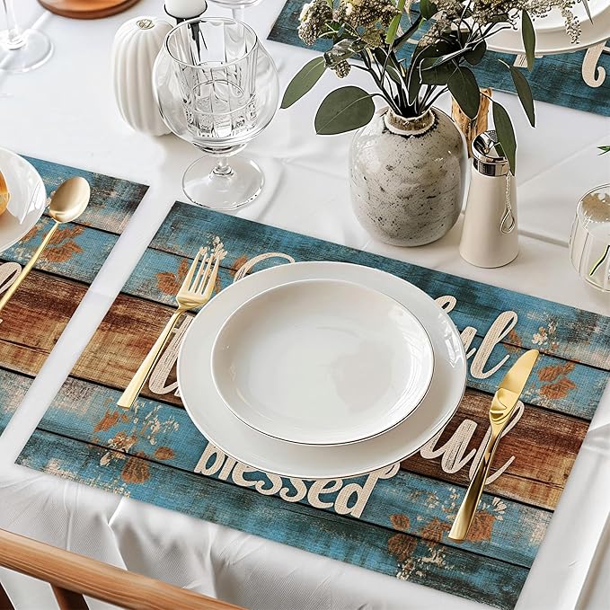 Grateful Thankful Blessed Placemats Set of 6,Wood Grain Dinner Table Mats Non-Slip Washable Mats for Kitchen Dinner Party Tablemat 12x18Inch