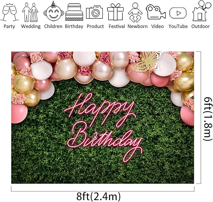 Riyidecor Green Leaves Happy Birthday Backdrop Polyester Fabric Neon Pink Balloon Flower Floral Butterfly Botanical Plant Bday 8Wx6H Feet Women Girls Photography Background Birthday Photo Studio Shoot