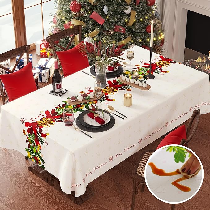 Christmas Rectangle Table Cloth,100% Waterproof Tablecloth,Christmas Decorations for Home, Vinyl Tablecloth Plastic Table Cover for Party，Picnic,Dining,Outdoor 54" x 78",Frosted Wreath