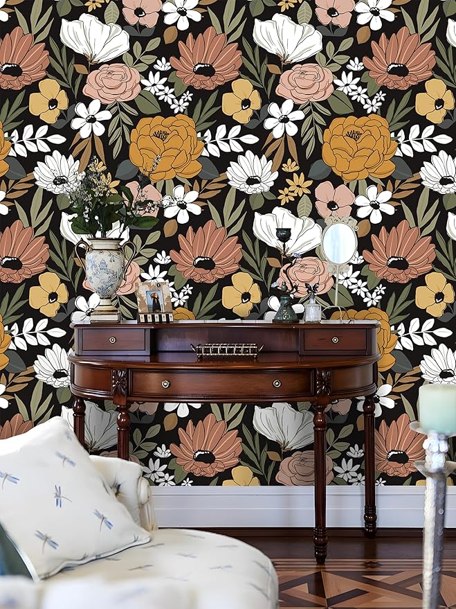 Floral Peel and Stick Wallpaper Black Removable Wallpaper Dark Boho Renter Friendly Textured Wallpapers for Bedroom Stick On Contact Paper for Locker Cabinet 17.5 x 118 in