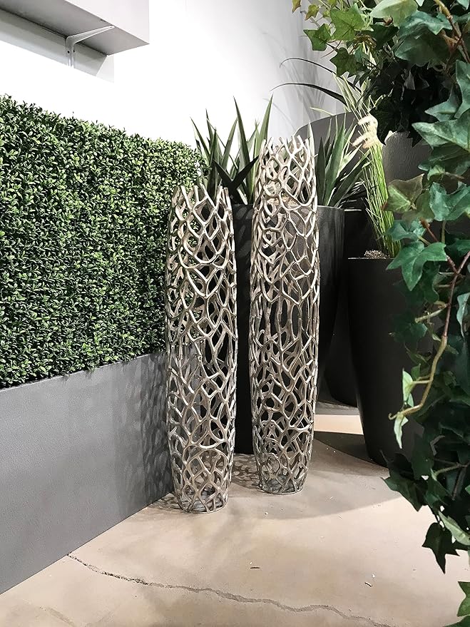 Modern Day Accents 3597 Rama Silver XL Twigs Barrel Floor Vase, Statement Piece, Tall Standing, Corner Decor 9" Lx 9" W x 40" H, House & Office Decor