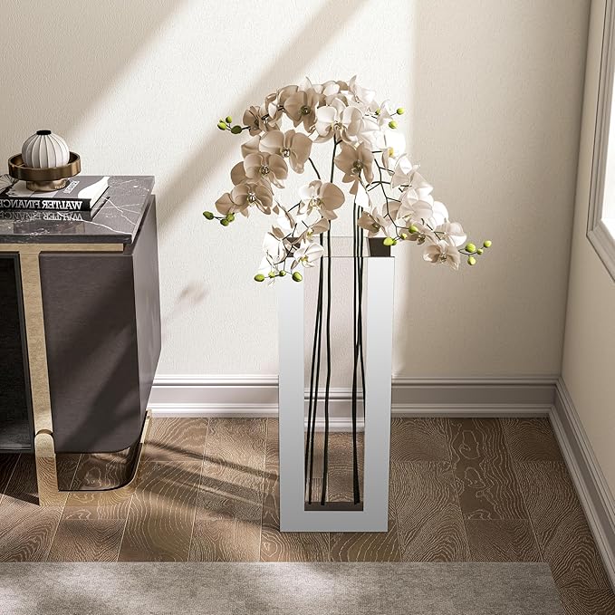 Large Floor Vase, 23.74“ Tall Mirrored Vase Glass for Floor Silver Rectangular Decorative Vases Modern for Luxury Living Room Hallway Corner Decor
