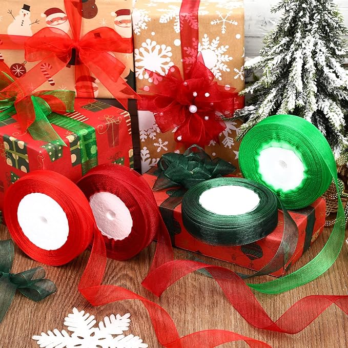 DECYOOL 4 Rolls 200 Yards Christmas Ribbons for Gift Wrapping, 4/5" Wide Christmas Organza Ribbon Xmas Holiday Chiffon Ribbons for Wreaths Festival Decoration (Red, Green, Wine Red, Dark Green)
