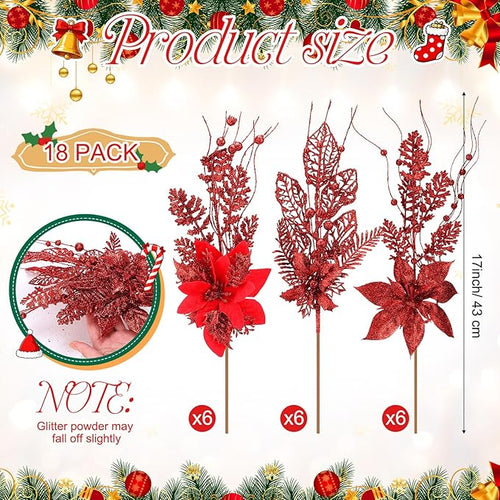 18 Pack 3 Styles 17 Inch Christmas Glitter Poinsettia Berry Stems Ornaments Artificial Floral Branches Picks for Christmas Tree Home Vase Holiday Party Decor(Red)