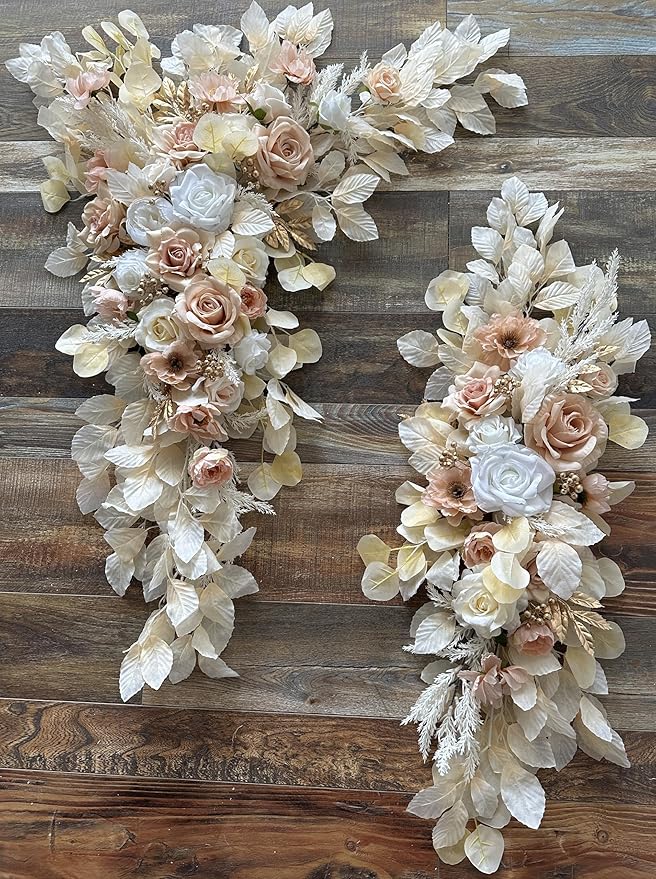 Wedding Arch Flowers with Drapes Kit (Pack of 5) - 2pcs Artificial Beige & Cream Deluxe Swag with 3pcs Hanging Drapes for Wedding Ceremony Arbor Reception Backdrop Rose Floral Decorations