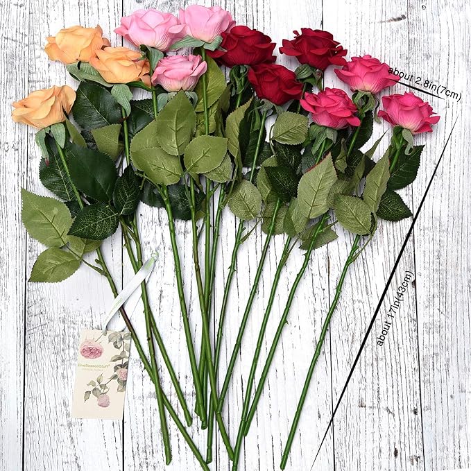 FiveSeasonStuff Fake Roses Wedding Flowers Real Touch Silk Medley Rose Mix Artificial Flowers (Yellow, Dark Red, Coral Pink, Pink) 12 Stems