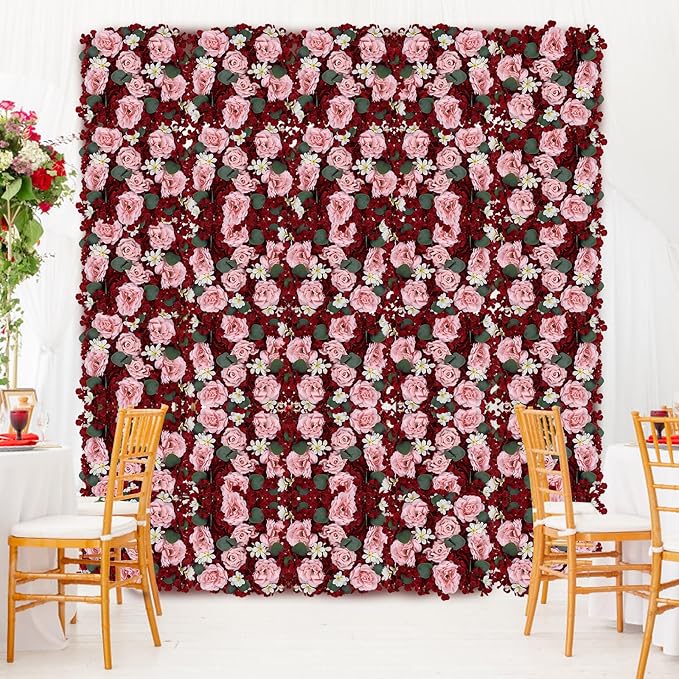 Pack of 6 Artificial Silk Flower Panels, Faux Floral Wall Background for Wedding Party Engagement Bridal Shower Arrangement Home Decorations - Burgundy & Dusty Pink
