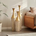 Floor Oversized Gold Metal Decorative Vase with 3D Triangle Pattern Set of 3 Large Vases for Home Living Room 33.5 ", 29.5 ", 25.2" High (Champagne)