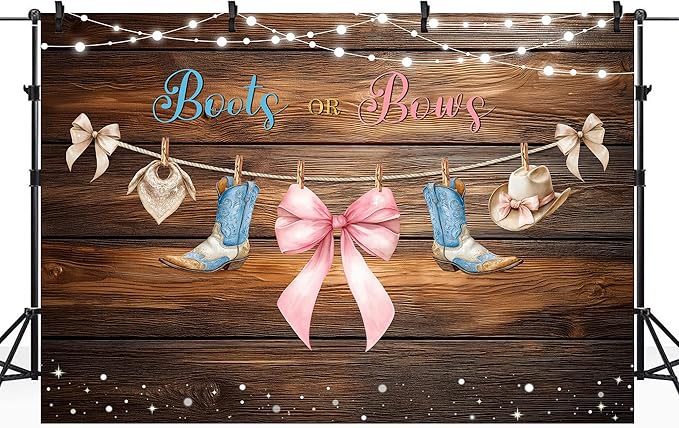 Riyidecor Boots or Bows Gender Reveal Backdrop Polyester Fabric Boy or Girl Baby Shower 7Wx5H Feet Rustic Western Wood Cowboy Hat Cowgirl Photography Background Newborn Photo Studio Shoot