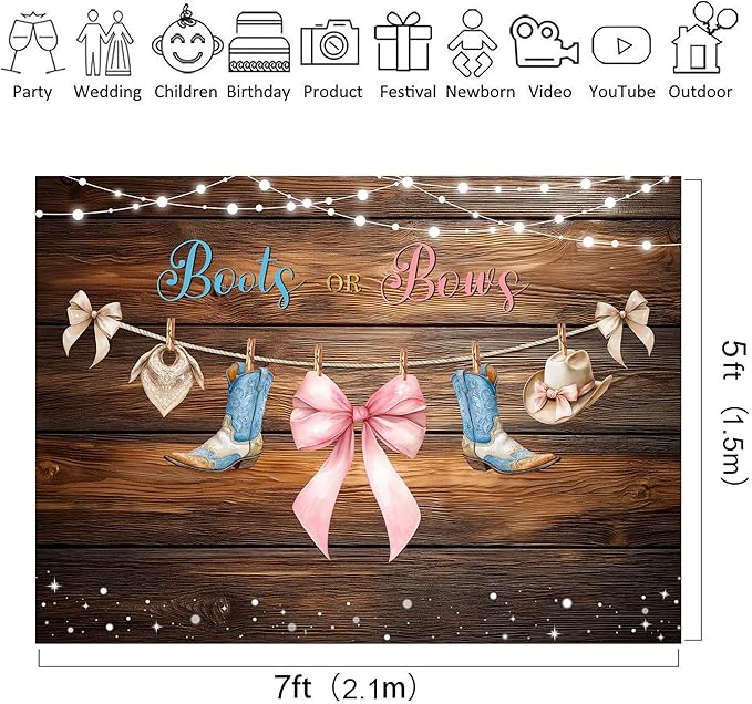Riyidecor Boots or Bows Gender Reveal Backdrop Polyester Fabric Boy or Girl Baby Shower 7Wx5H Feet Rustic Western Wood Cowboy Hat Cowgirl Photography Background Newborn Photo Studio Shoot