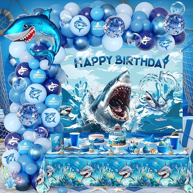 Shark Birthday Party Decorations For Women Men,Happy Birthday Banner,Blue Balloon Arch Kit,Sharks Foil Balloons,Cake toppers