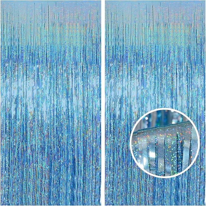 Melsan 2 Pack 3.2 ft x 8.2 ft Tinsel Foil Fringe Curtains Backdrop, Blue Sparkle Metallic Foil Curtains for Party Photo Booth Props Baby Shower Decoration, Light Blue