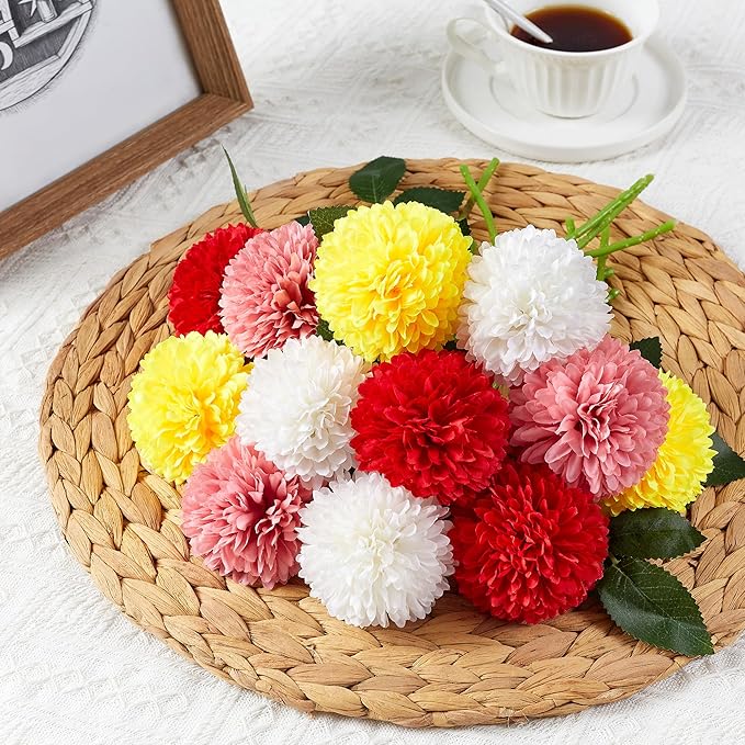 SITUMEIZI 12 Pcs Artificial Chrysanthemums Flowers Colorful Ball Flower Fake Mums Silk for Wedding Home Kitchen Decoration Floral Arrangement(Pink,Red,Orange,White)