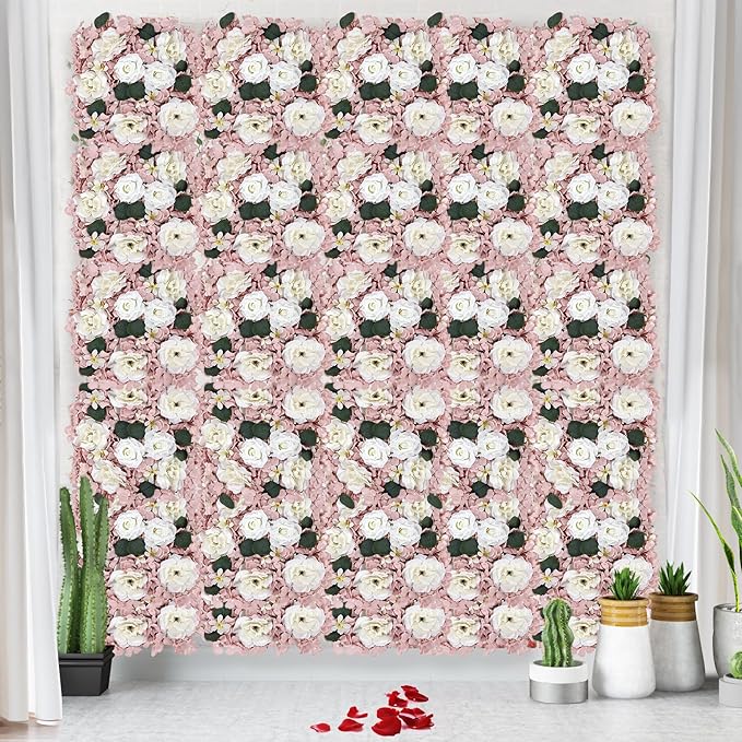 Pack of 12 Artificial Silk Flower Panels, Faux Floral Wall Background for Wedding Party Engagement Bridal Shower Arrangement Home Decorations - Dusty Pink & White