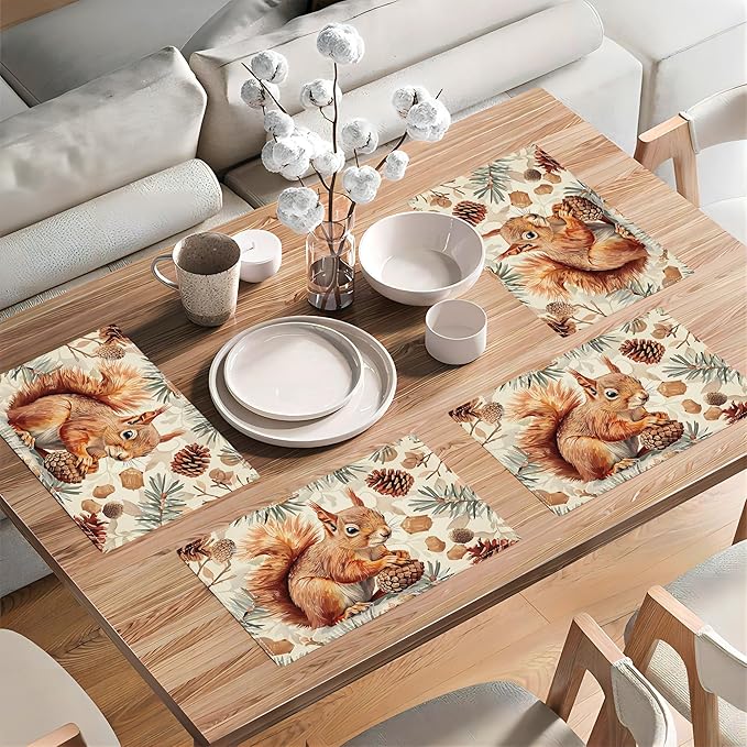 Squirrel Placemats Set of 6 Pine Cone Branch Fall Autumn Watercolor Table Mats Washable Place Mats for Home Party Indoor Kitchen Dining Table Decoration 12x18 Inch