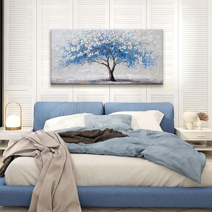 Suconvng Wall Art Blue Tree Of Life Modern Wall Artwork Canvas Art Wall Decor Pictures Painting Blue Tree Abstract Wall Decor For Living Room Bedroom Dining Room Home Office Artwork 24"×48"