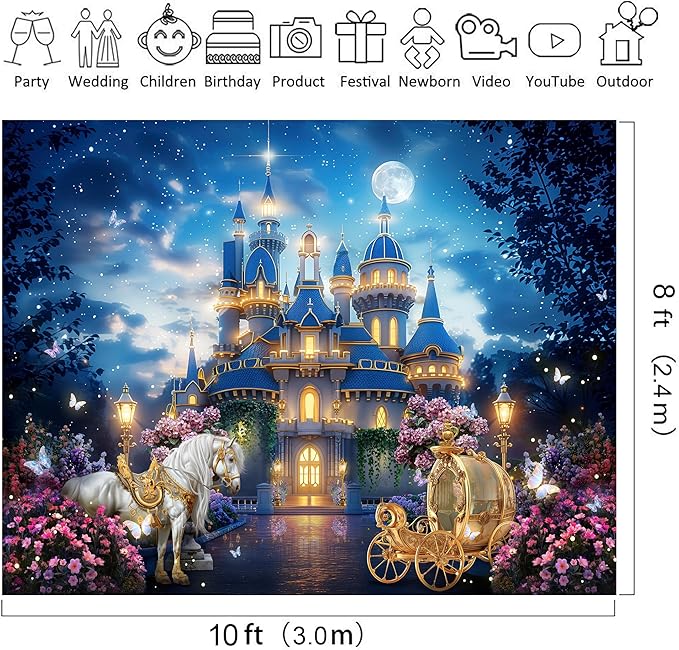 Riyidecor Princess Castle Backdrop Vinyl Fairy Tale Garden Floral Starry Night Moon Horse Carriage 10Wx8H Feet Butterfly Wonderland Photography Background Birthday Baby Shower Photo Studio Shoot