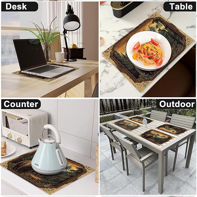 Cabin Bear Placemats Set of 4 Washable Table Mats Rustic Wildlife Hunting Forest Mountain Heat-Resistant Cotton Linen Place Mats for Dining Table Kitchen Indoor Outdoor Party Holiday Decor