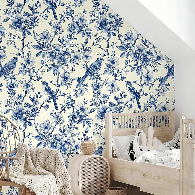 Floral Peel and Stick Vintage Animal Wallpaper Blue Bird Removable Botanical Leaf 17.7" x 236.22" Wall Paper Watercolor Self Adhesive Contact Paper for Classroom Bedroom Laundry Room Bathroom
