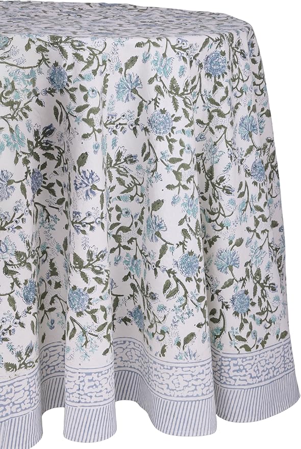 ATOSII Mahoka Blue 100% Cotton Round Tablecloth, Block Print Floral Table Cloth for Dining, Parties, Weddings, Outdoors, Holidays I 90" Inches, 6 Seater I Grandmillennial Farmhouse Boho Summer