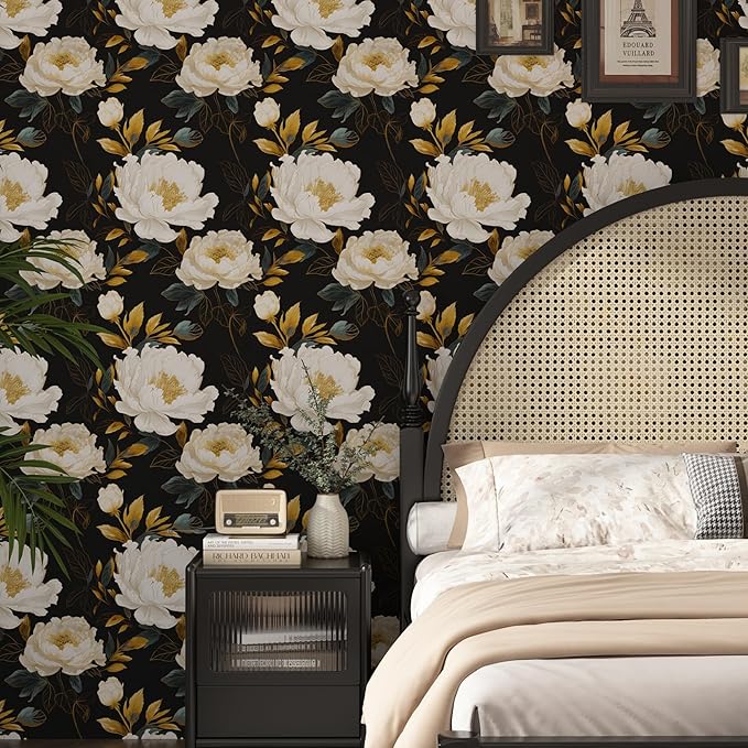 Vintage Dark Floral Wallpaper Peel and Stick, White Peony Flower with Gold Leaf Removable Contact Paper for Bedroom Cabinet Drawer, Boho Botanical Wall Decor Black White Gold 17.5" x 118"