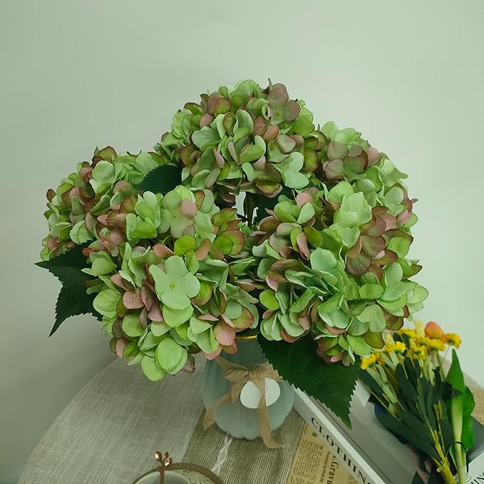 Green Hydrangea Artificial Flowers,6 Pcs Faux Green Hydrangea Flowers, Artificial Hydrangeas Flowers with Stems,Fake Hydrangea Flowers, Hydrangea Silk Flowers (6, Green)