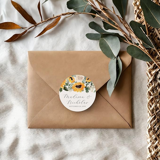 Personalized Floral Wedding Stickers with Your Choice of 30 Flower Styles - Choose Font and One of Five Pre-made Phrases or Add Custom Text (029 - Sunflowers)