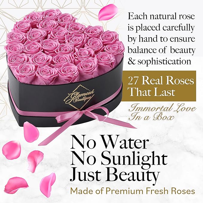 GLAMOUR BOUTIQUE 27 Flower Forever Heart Shape Box - Preserved Roses Gift for Her, Preserved Flowers, Pink