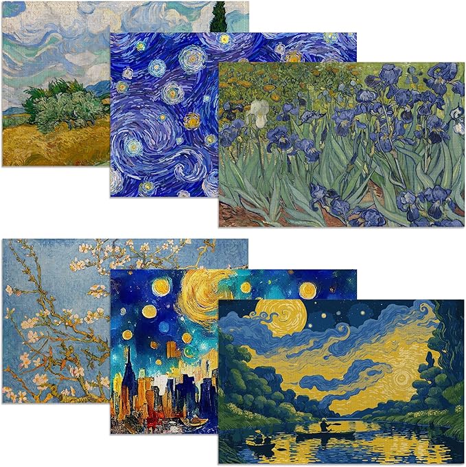 Van Gogh Style Watercolor Painting Placemats, 12 x 18 inch, Linen Placemat Kitchen Dining Room Decor Holiday Decor Rustic Vintage Waterproof Washable Placemat Set of 6