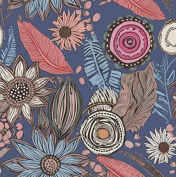 Boho Wallpaper Peel and Stick,Vintage Blue Pink Floral Contact Paper, Retro Antique Botanical Flowers Wall Paper Self Adhesive Removable Waterproof for Bathroom Shelves Cabinet Table 17.5" x 118"