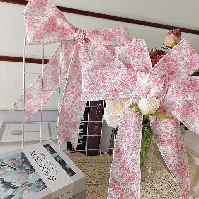 Pink Floral Wired Ribbon 2.5 Inch Chinoiserie Vintage Flower Decorative Fabric White and Pink Ribbon for Bow Wreath DIY Crafts, 15 Yards
