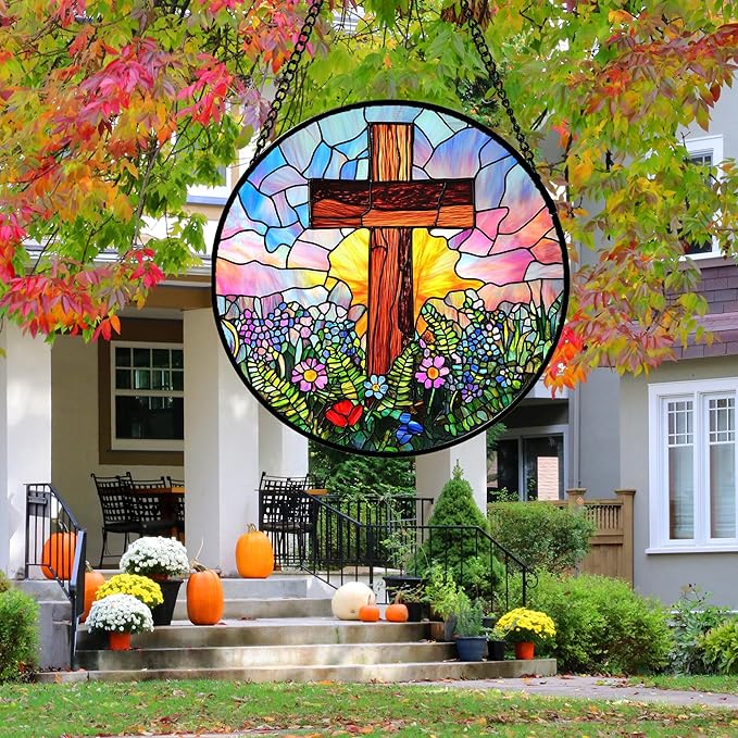 Christian Gifts for Women - Cross Stained Glass Window Hanging Jesus Easter Colorful Wildflowers Sun Catcher Garden Religion Decor Mother's Day Catholic Gift for Men Grandma Mom Her 9.8"