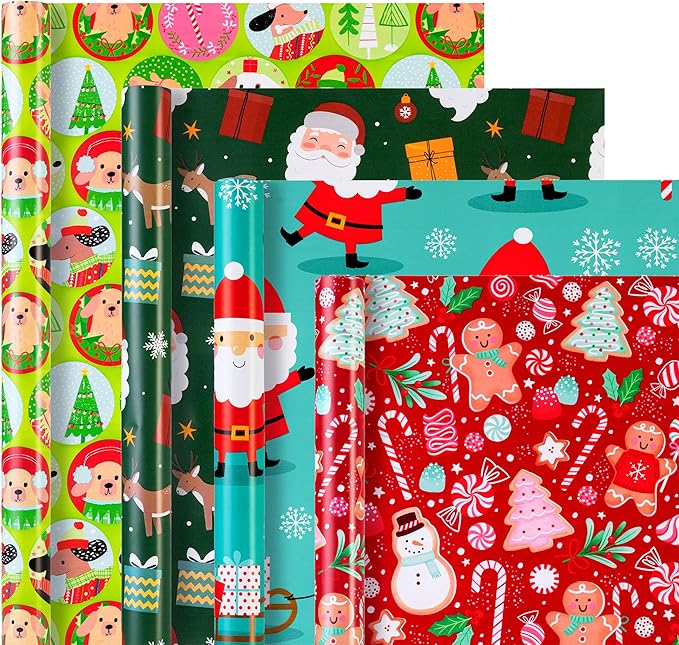 Cherubfunz Christmas Wrapping Paper (4 Rolls: 148 sq. ft. ttl) - Christmas Elements Collection - 30 inches x 14.8 feet Per Roll