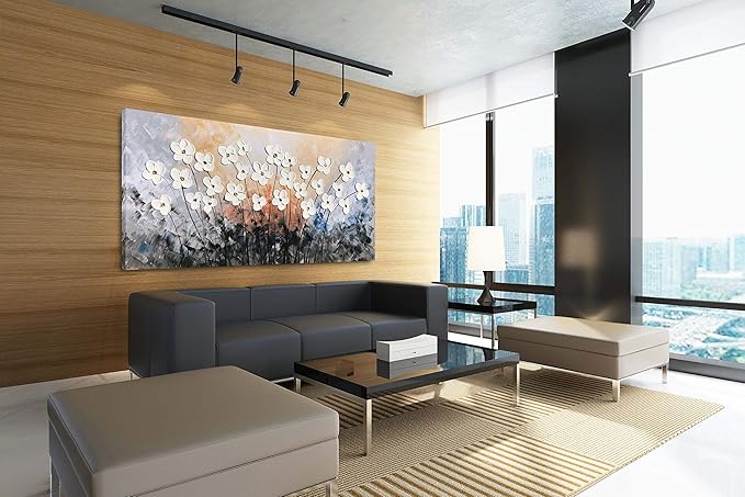 Yihui Arts Hand-Painted Oil Painting on Canvas Textured White Floral Wall Art Modern Horizontal Decor for Living Room Bedroom Office