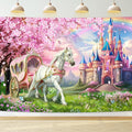 Riyidecor Princess Castle Backdrop Polyester Fabric Pink Sakura Rainbow Flowers Floral Fantasy Fairy Tale Wonderland 7Wx5H Feet White Horse Carriage Photography Background Birthday Photo Studio Shoot