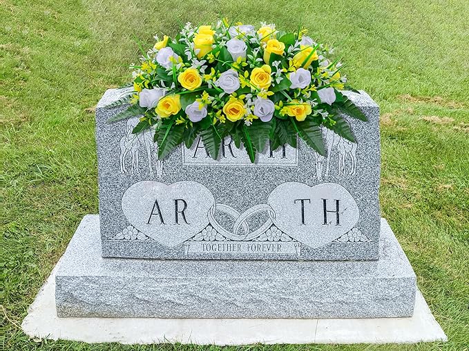 Artificial Cemetery Flowers Saddle-Shaped Tombstone Decorations Non-Fading UV-Resistant（Yellow and white saddle ）