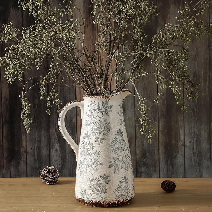 Enra Blue and White vase with Handle,12.2 inch Ceramic Vintage Decorative Flower Pitcher vase, Chinoiserie Floral Vase,Large Rustic Vases for Home Decors, Living Room, Bookshelf, Office