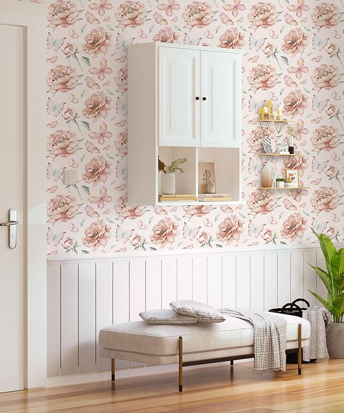 Safiyya Peel and Stick Wallpaper Floral Contact Paper for Cabinets and Drawers Modern Wall Paper Pink Peony Self Adhesive Removable Wallpaper for Bedroom Vinyl Rolls 78.7''×17.3"