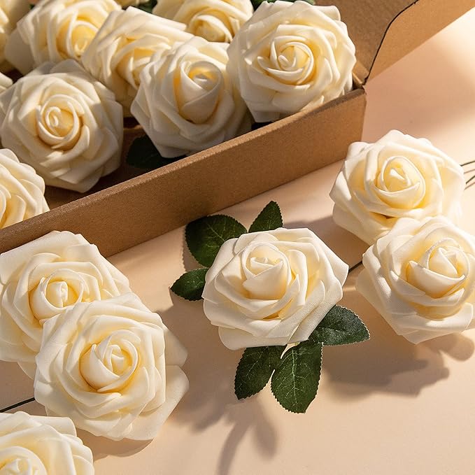 Artificial Flower Foam Rose 25pcs Real Looking Fake Rose with Stems Leaves for Home Decoration Party Garden Centerpieces DIY Wedding Bouquets（Champagne）