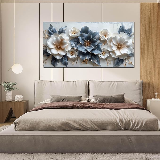 Flower Canvas Wall Art for Office Blue and White All Decor for Bedroom Women Big Wall Art for Living Room Modern Size 29" x 58"