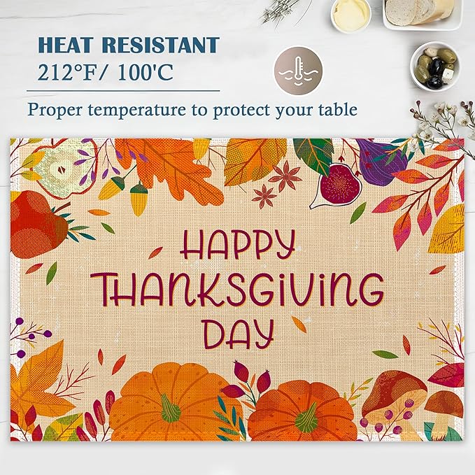 Happy Thanksgiving Day Placemats Set of 4, Linen Place Mats Heat Resistant Non-Slip Washable Table Mats for Dining Kitchen Party Decor 12"x18"