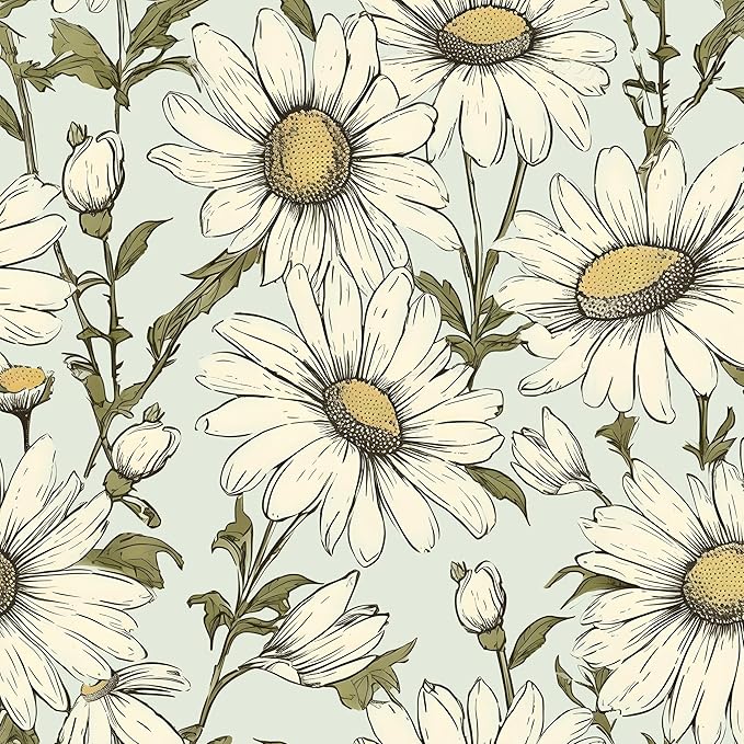 Boho Wallpaper Peel and Stick Daisy Floral Wallpaper 17.5in x32.8ft Vintage Leaf Contact Paper Vinyl Self Adhesive Removable Modern Floral Wall Paper for Bedroom Walls Cabinet Drawer