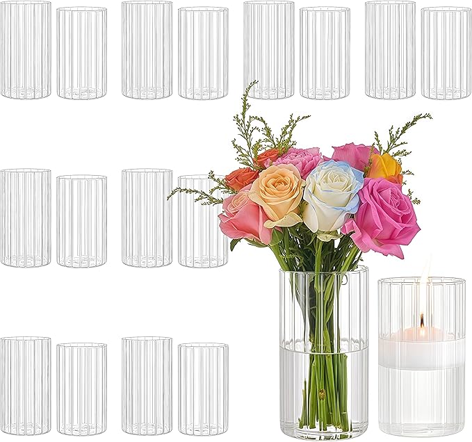 16 Packs Ribbed Glass Vase, 5.5/6 Inch Tall Clear Propagation Flower Vases in Bulk Glass Cylinder Vases for Centerpieces, Floating Candle Vases for House Warming Decoration Party
