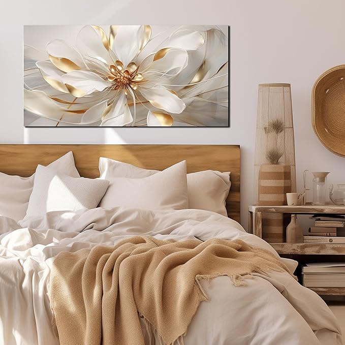 Fowers Wall Art for Bedroom Women White and Gold Wall Decor for Living Room Floral Art Print Wall Decoration 20 x 40 Inch