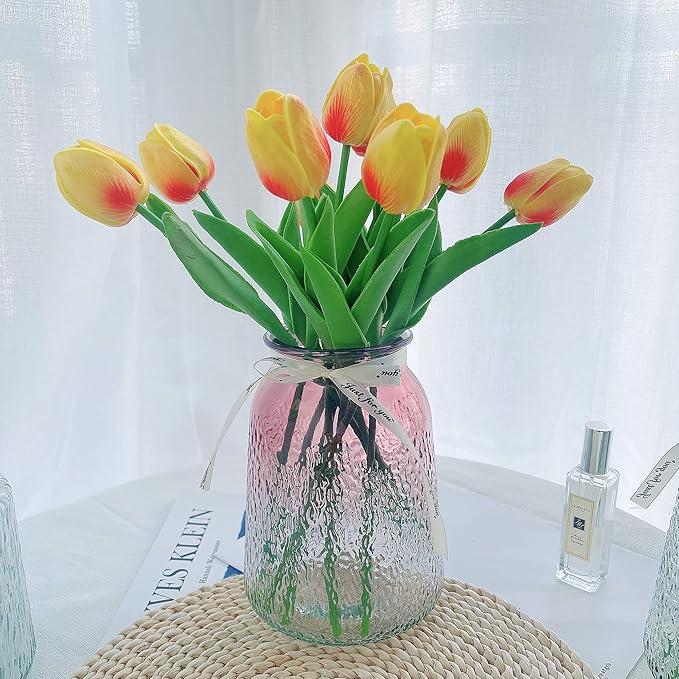 UKELER Tulips Artificial Flowers Bulk 24 Pcs DIY Wreath Real Touch Artificial Tulip Flowers for Home Kitchen Wedding Birthday Party Decorations, Orange&Yellow